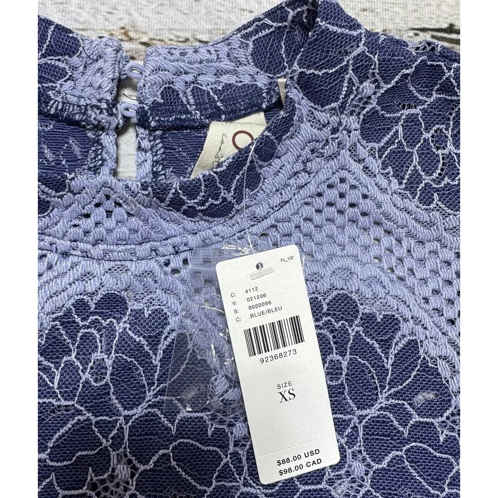 Dolan Anthropologie Left Coast Mock-Neck Lace Blouse XS Blue Puff Sleeve NWT